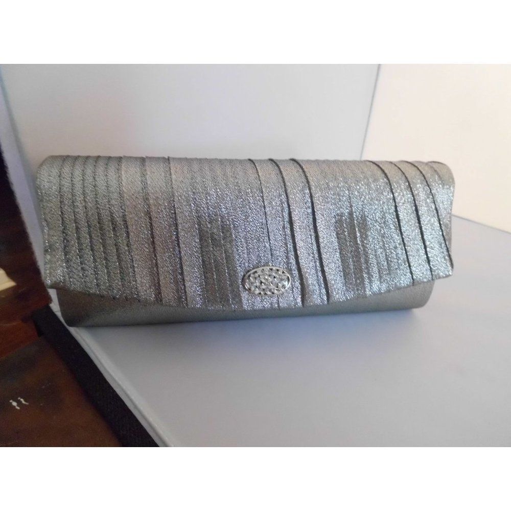 Kate Landry Silver Evening Bag with Rhinestone Front Detail  NWOT